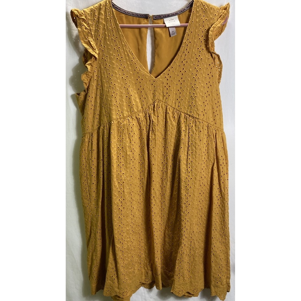 Knox Rose Mustard Yellow Eyelet Ruffle Sleeve Mini Dress‎ Medium RN17730